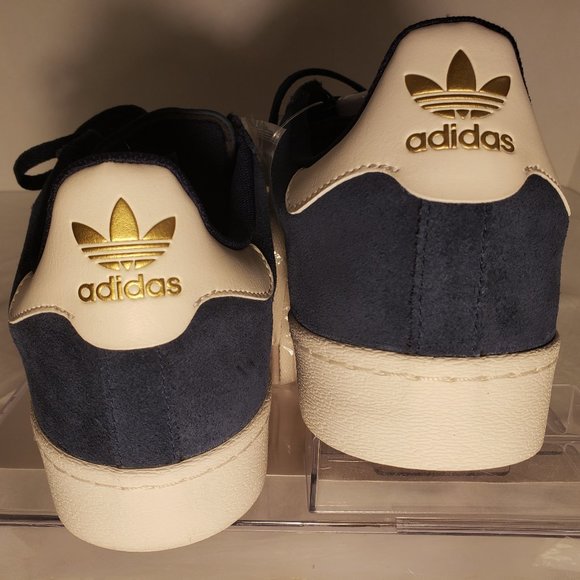 ADIDAS SUPERSTAR VULC SHELL TOE SHOES - MENS 10.5 BLUE/WHITE/GOLD PRINT/GUM SOLE - Picture 2 of 16